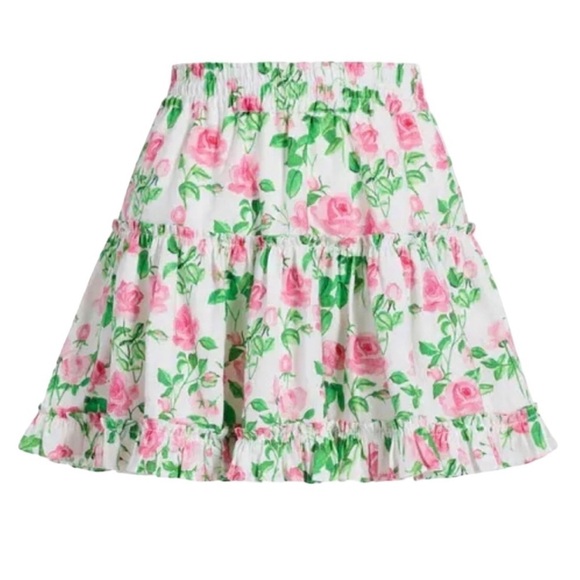Hill House Paz Skirt Linen Lined Ruffles Pink Roses Romantic Cottagecore NWT